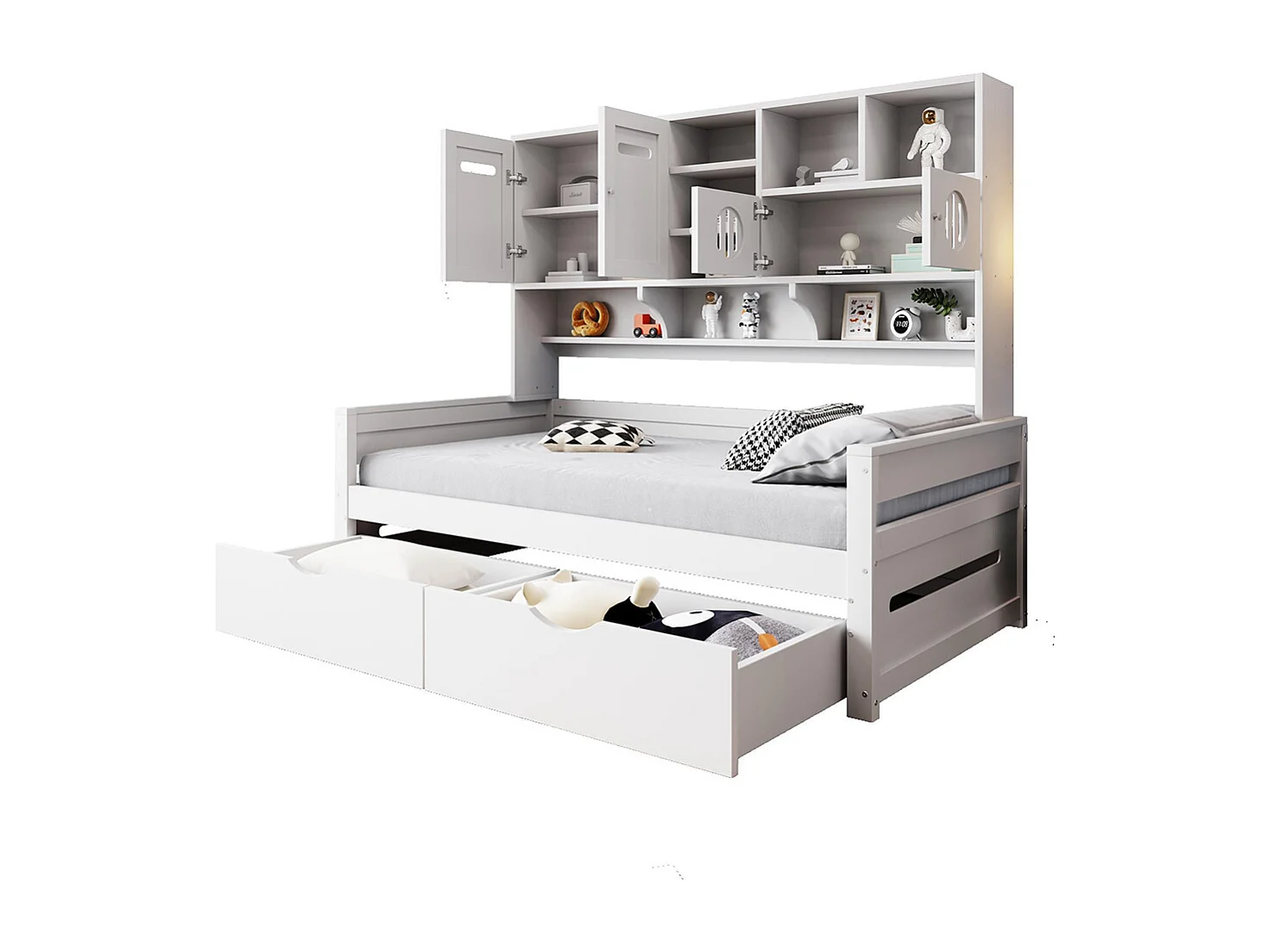 Lit combiné en bois 90x200 cm rangement multifonctionnel grand tiroir lit simple adolescent sommier à lattes blanc sans matelas