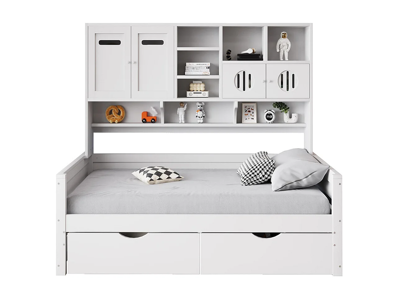 Lit combiné en bois 90x200 cm rangement multifonctionnel grand tiroir lit simple adolescent sommier à lattes blanc sans matelas