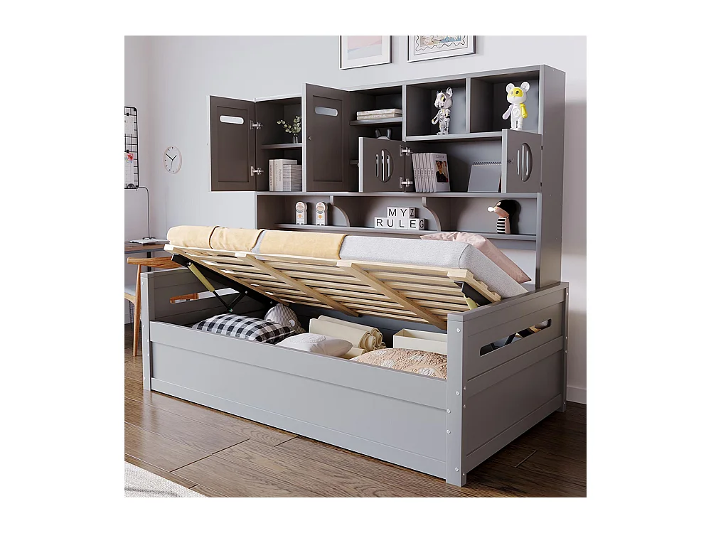 Lit combiné en bois 90x200 cm rangement multifonctionnel lit hydraulique simple adolescent sommier gris sans matelas