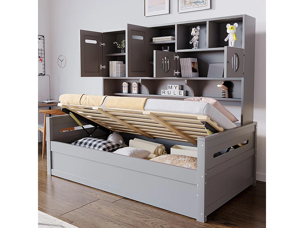 Lit combiné en bois 90x200 cm rangement multifonctionnel lit hydraulique simple adolescent sommier gris sans matelas