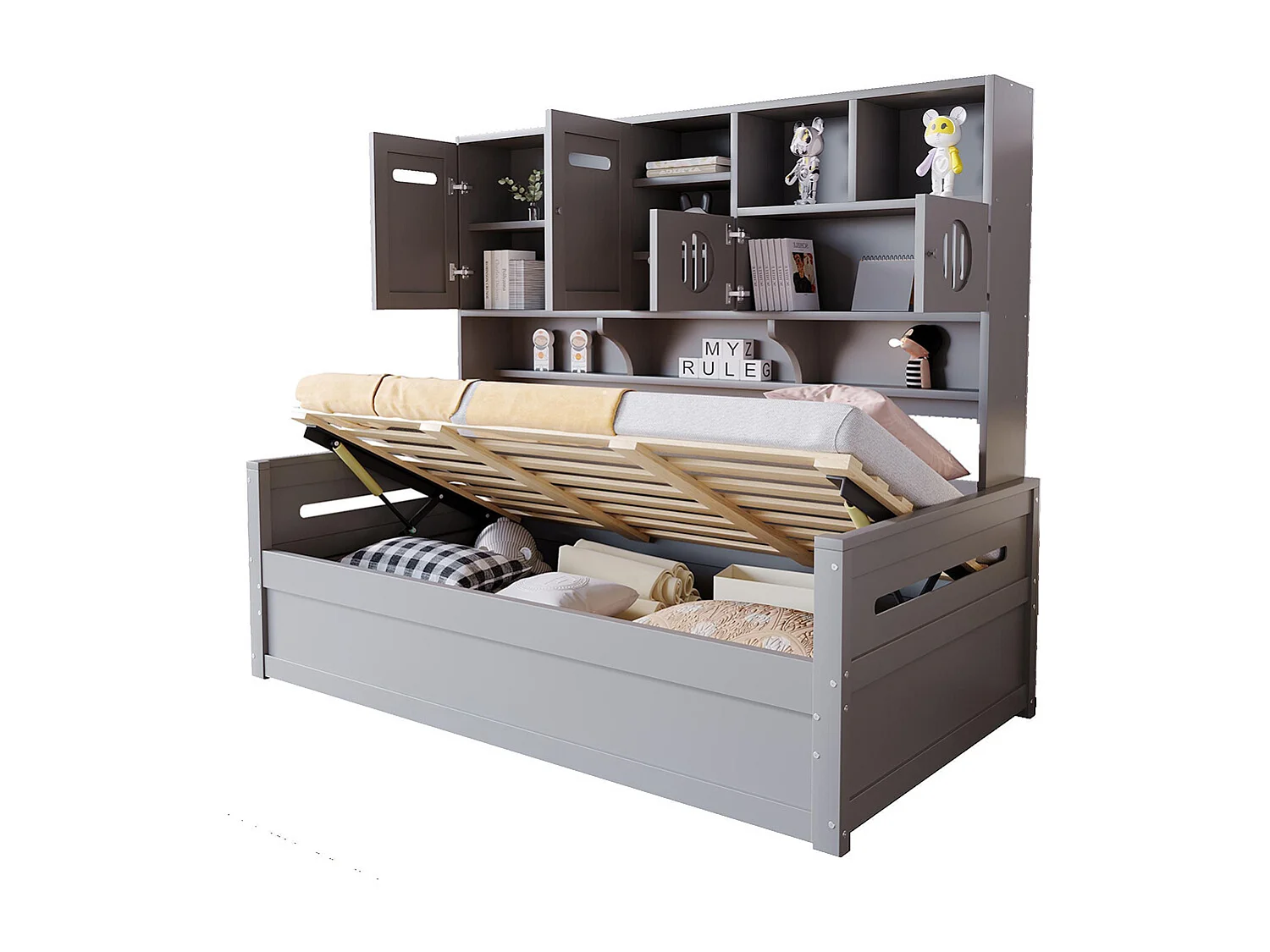 Lit combiné en bois 90x200 cm rangement multifonctionnel lit hydraulique simple adolescent sommier gris sans matelas