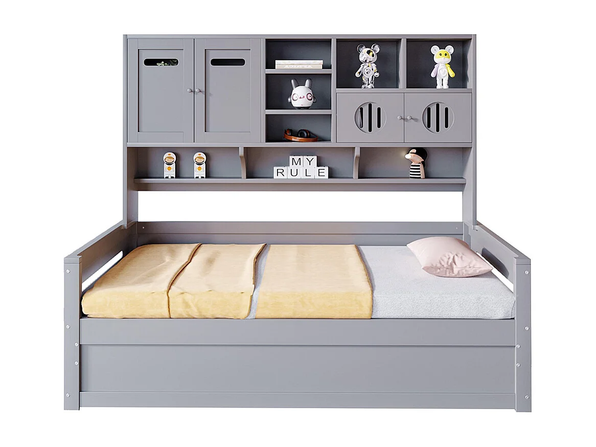 Lit combiné en bois 90x200 cm rangement multifonctionnel lit hydraulique simple adolescent sommier gris sans matelas