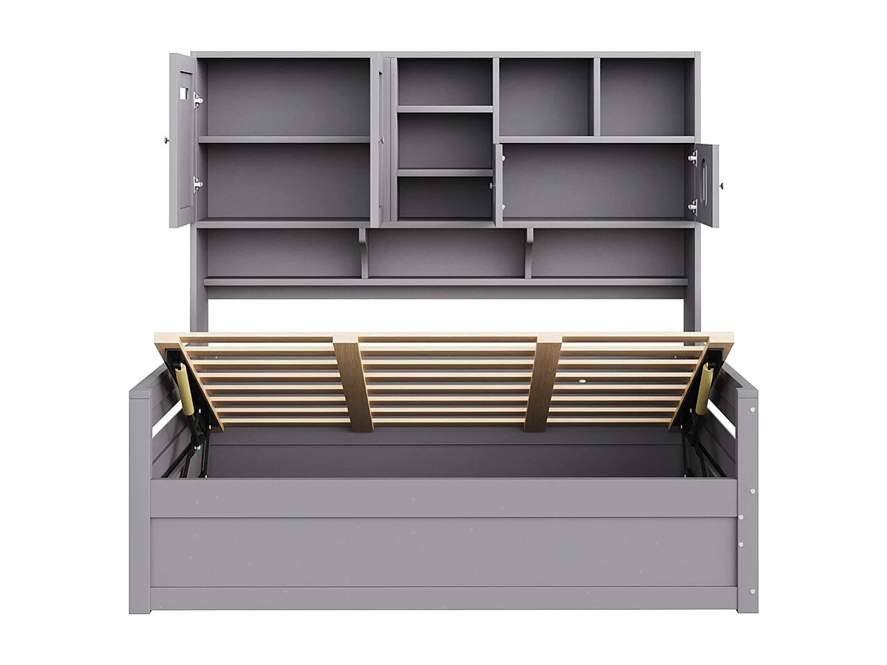 Lit combiné en bois 90x200 cm rangement multifonctionnel lit hydraulique simple adolescent sommier gris sans matelas