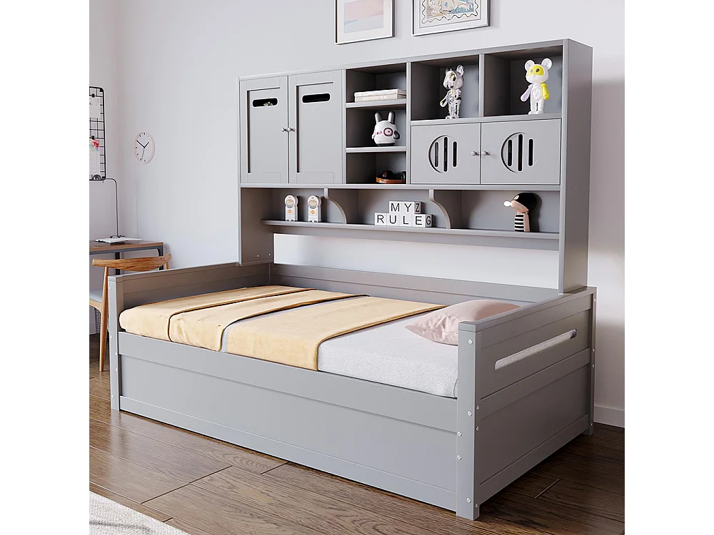 Lit combiné en bois 90x200 cm rangement multifonctionnel lit hydraulique simple adolescent sommier gris sans matelas