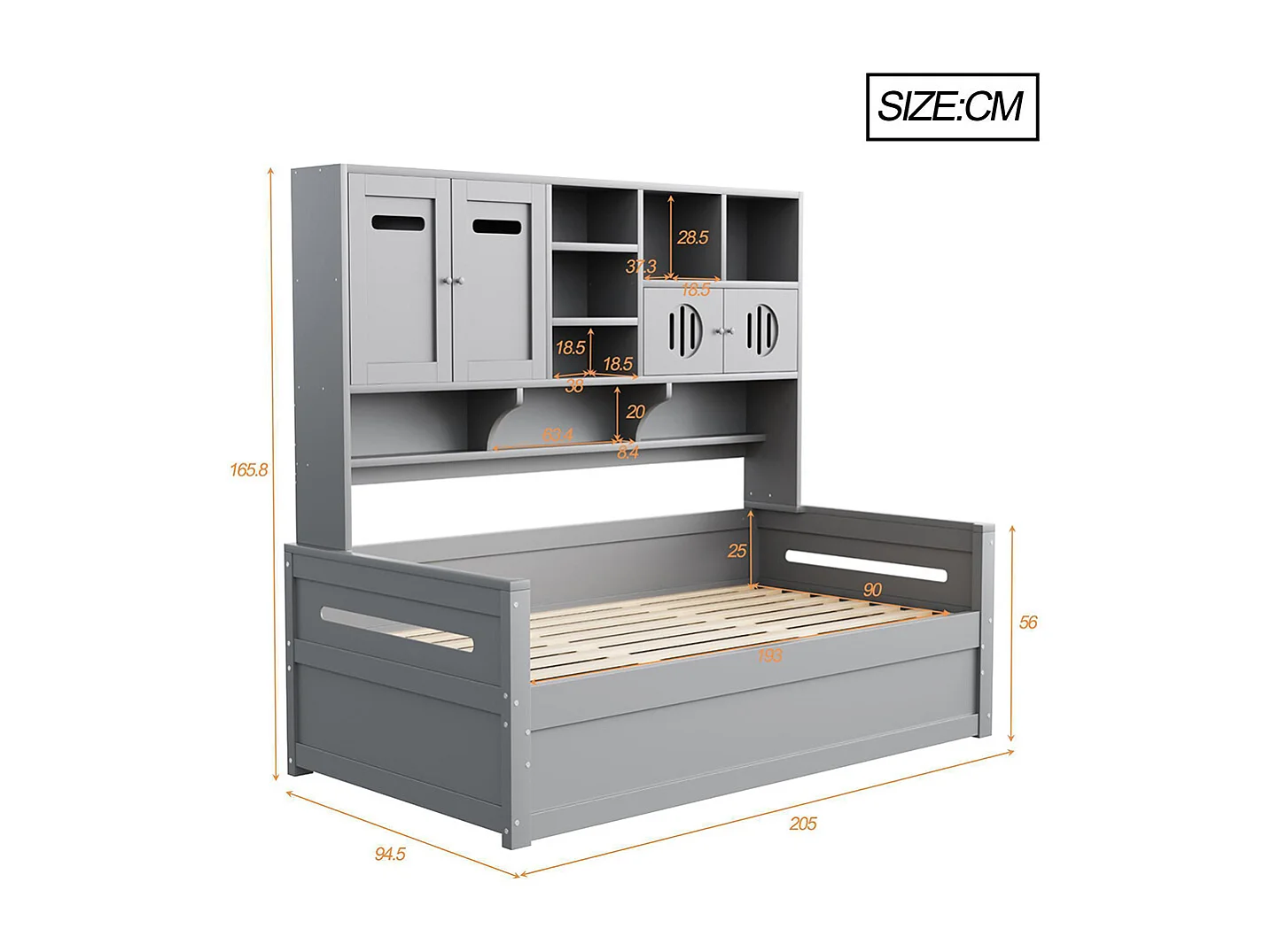 Lit combiné en bois 90x200 cm rangement multifonctionnel lit hydraulique simple adolescent sommier gris sans matelas