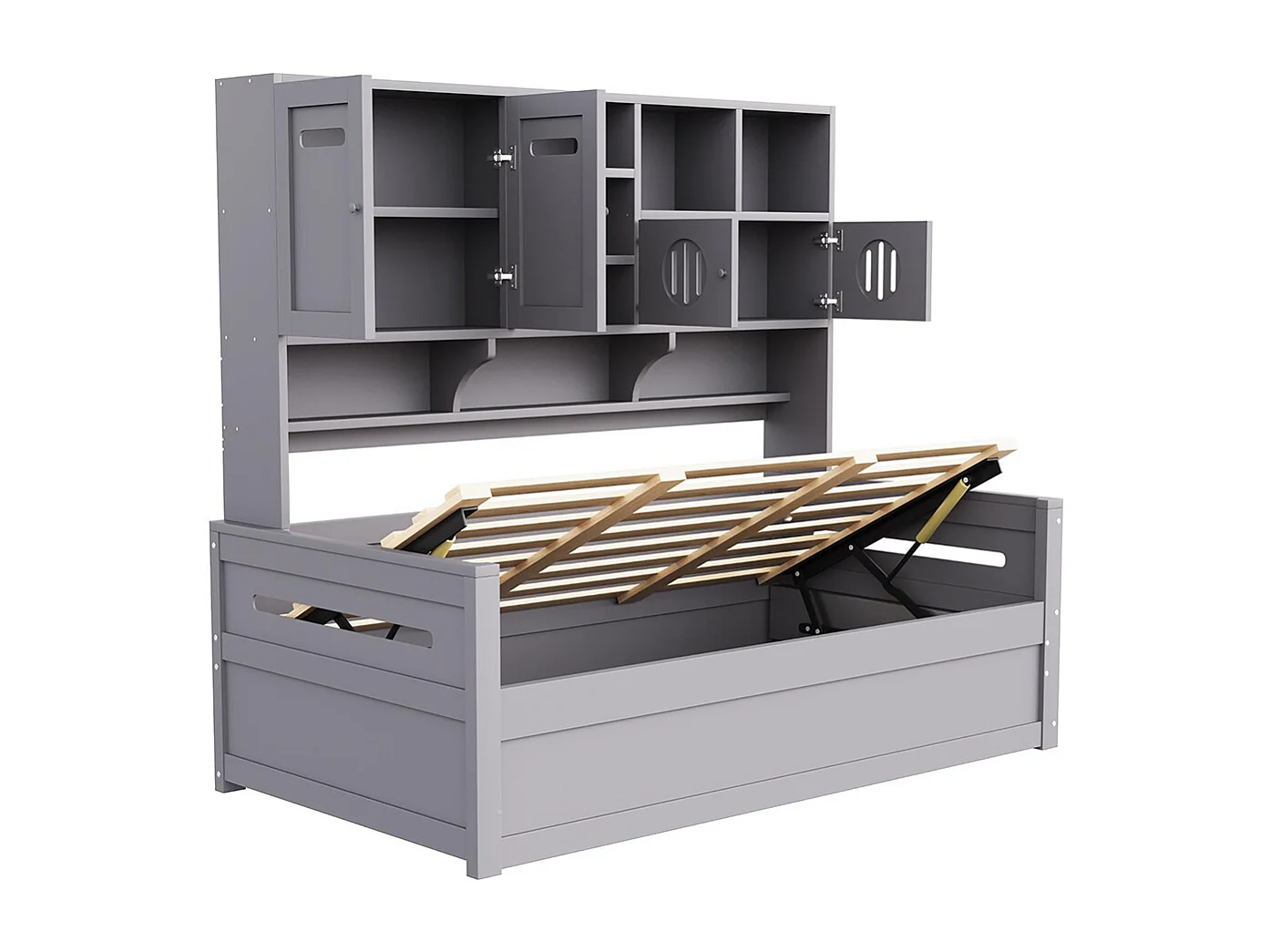 Lit combiné en bois 90x200 cm rangement multifonctionnel lit hydraulique simple adolescent sommier gris sans matelas