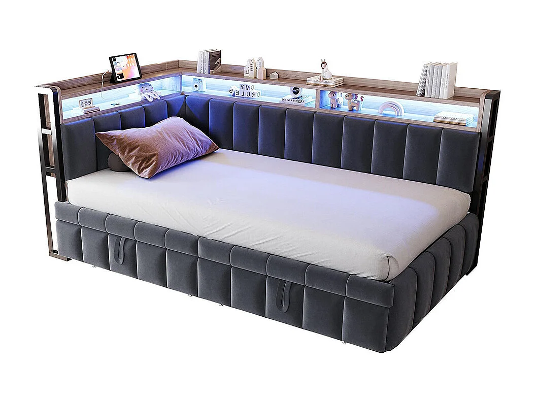 Lit gigogne rembourré 90x200 cm avec éclairage LED rangement tête pied ports USB Type C canapé-lit velours gris foncé