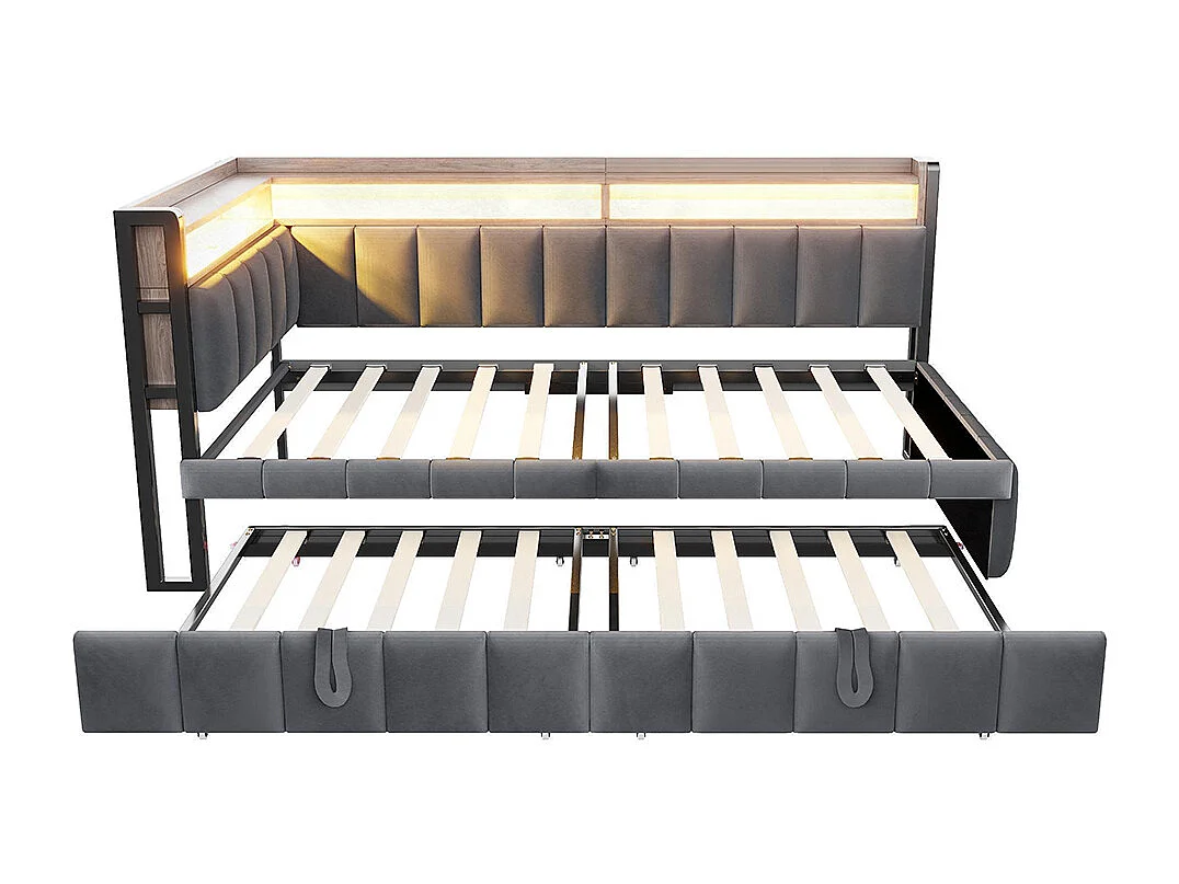 Lit gigogne rembourré 90x200 cm avec éclairage LED rangement tête pied ports USB Type C canapé-lit velours gris foncé