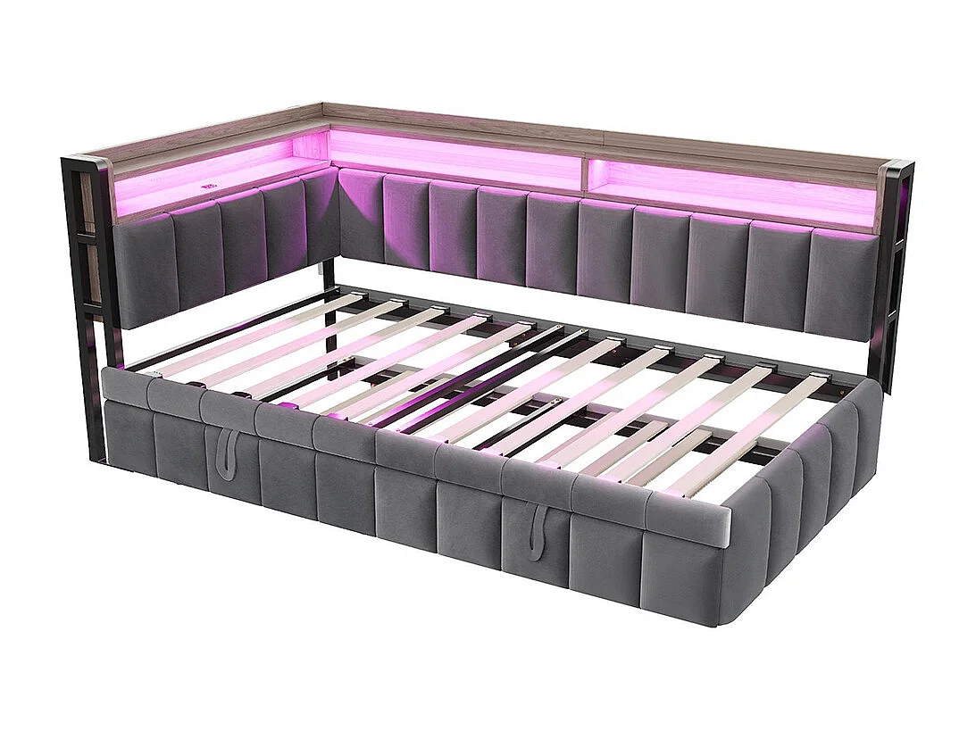 Lit gigogne rembourré 90x200 cm avec éclairage LED rangement tête pied ports USB Type C canapé-lit velours gris foncé