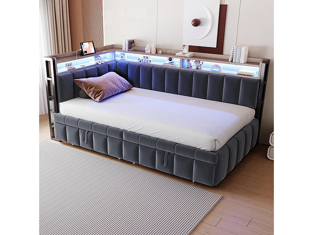 Lit gigogne rembourré 90x200 cm avec éclairage LED rangement tête pied ports USB Type C canapé-lit velours gris foncé