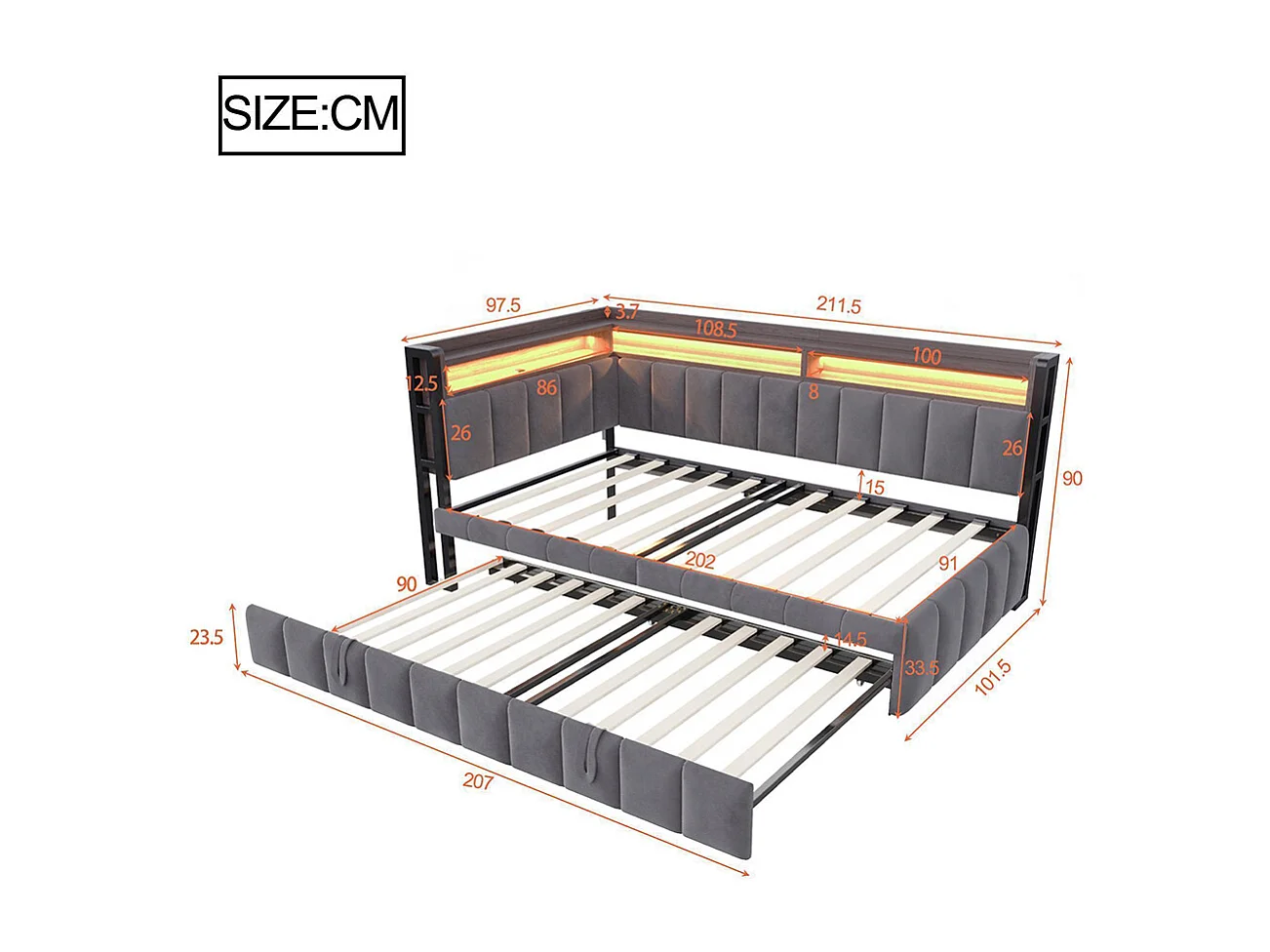 Lit gigogne rembourré 90x200 cm avec éclairage LED rangement tête pied ports USB Type C canapé-lit velours gris foncé
