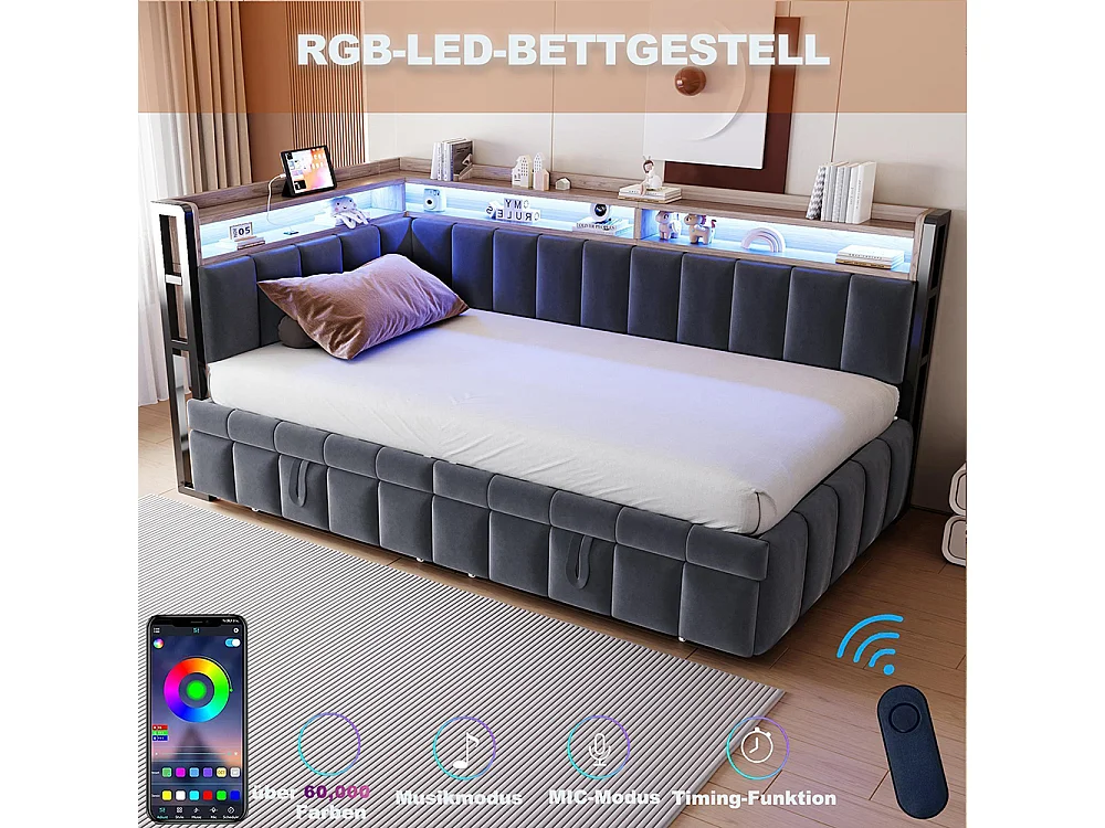 Lit gigogne rembourré 90x200 cm avec éclairage LED rangement tête pied ports USB Type C canapé-lit velours gris foncé