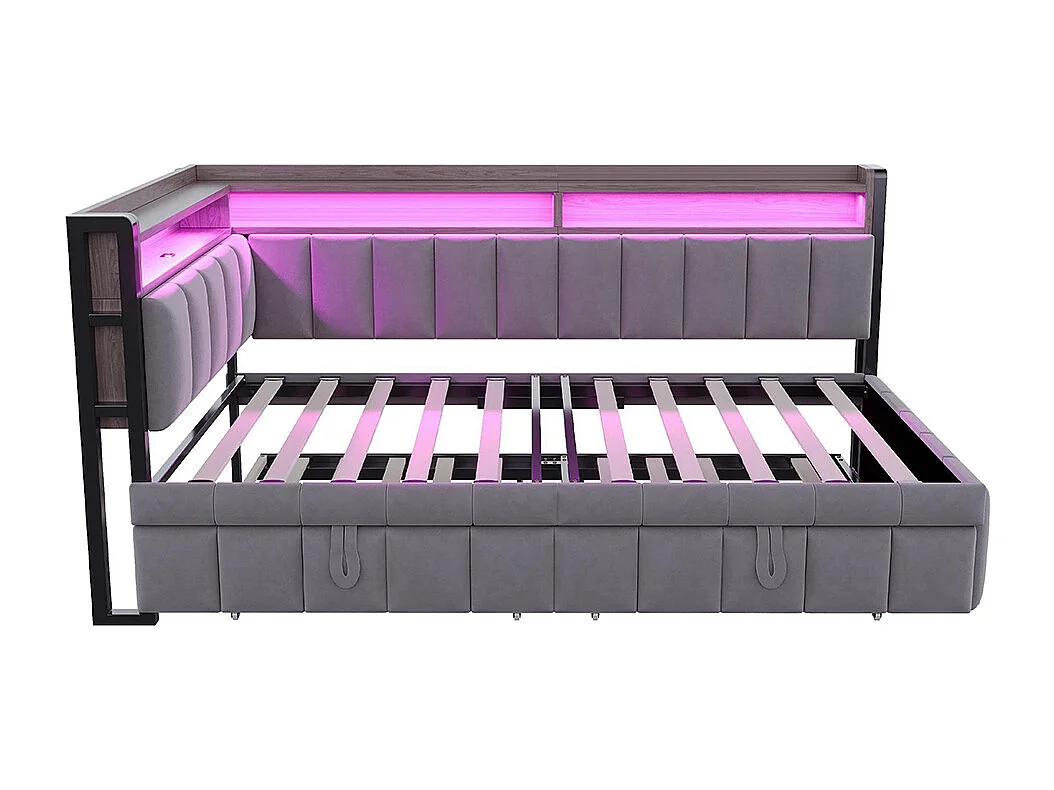 Lit gigogne rembourré 90x200 cm avec éclairage LED rangement tête pied ports USB Type C canapé-lit velours gris foncé