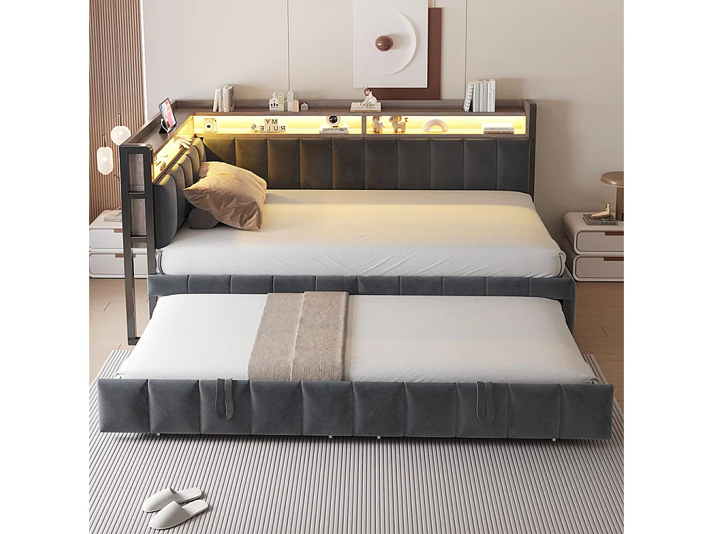 Lit gigogne rembourré 90x200 cm avec éclairage LED rangement tête pied ports USB Type C canapé-lit velours gris foncé