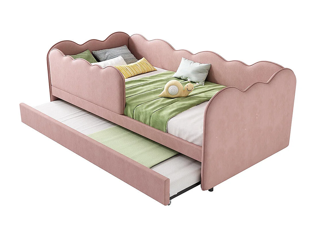 Lit gigogne rembourré 90x190cm canapé lit enfant sommier lattes velours rose sans matelas