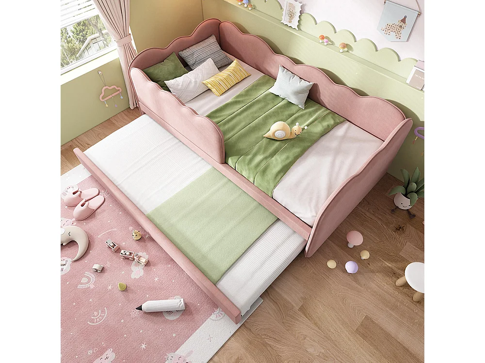 Lit gigogne rembourré 90x190cm canapé lit enfant sommier lattes velours rose sans matelas