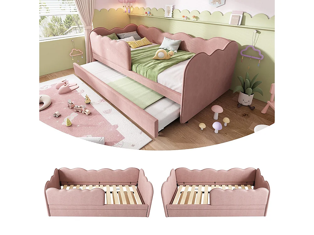 Lit gigogne rembourré 90x190cm canapé lit enfant sommier lattes velours rose sans matelas