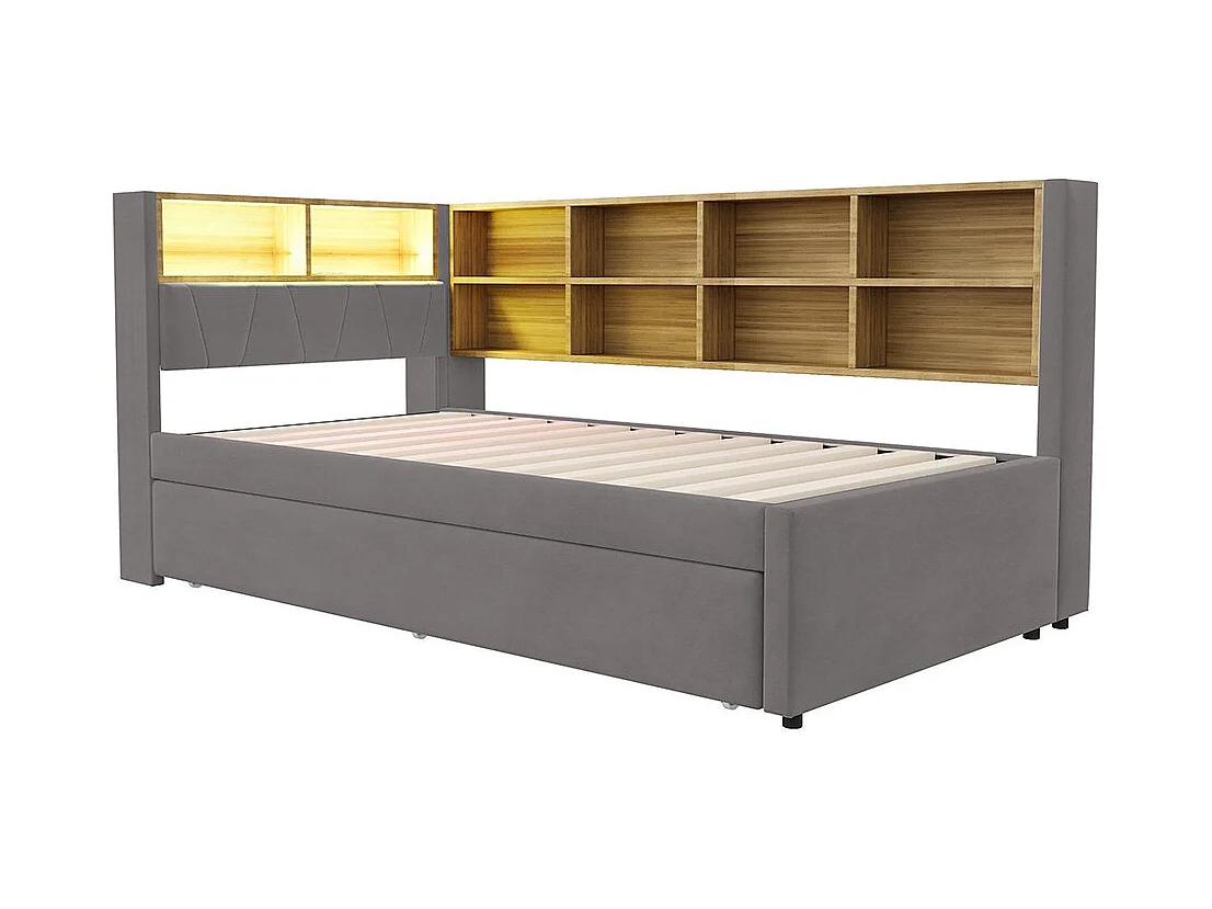 Lit gigogne 90x200 avec LED prises électriques rangement rembourré canapé-lit multifonction flanelle gris foncé