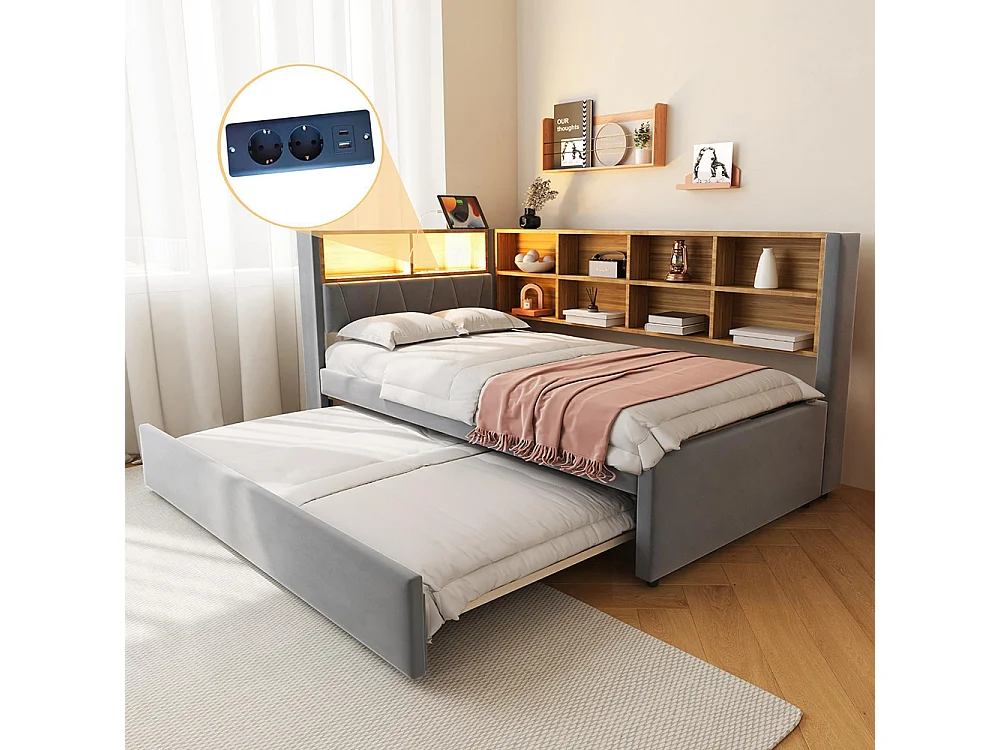 Lit gigogne 90x200 avec LED prises électriques rangement rembourré canapé-lit multifonction flanelle gris foncé