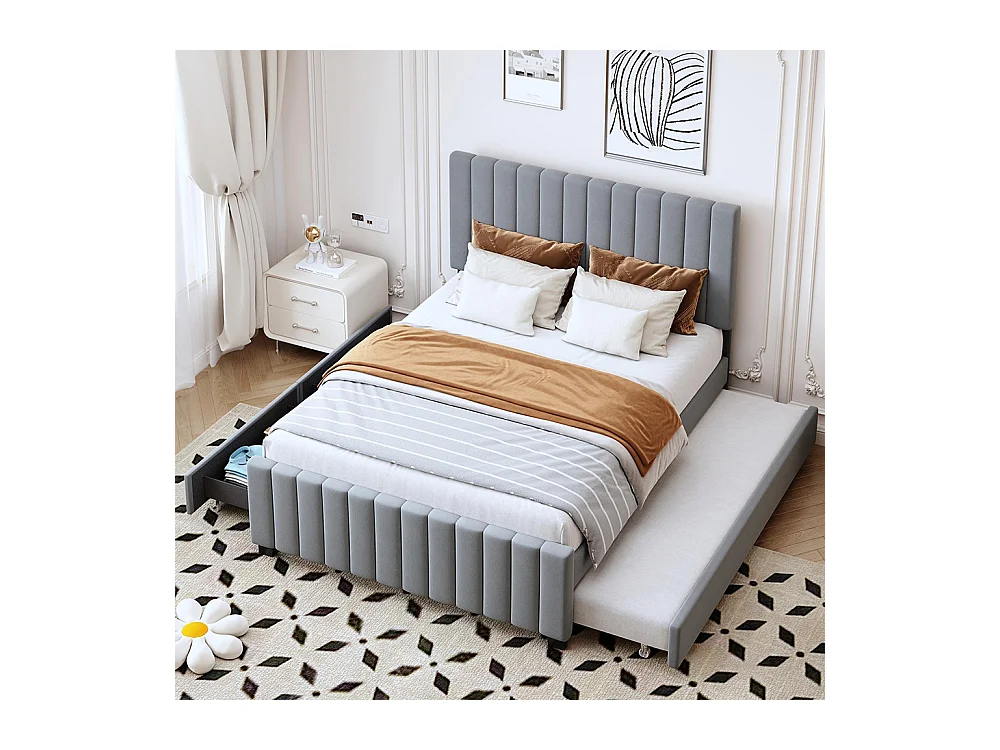 Lit gigogne rembourré 140x190 cm avec deux tiroirs velours doux pour enfant adolescent appoint gris sans matelas