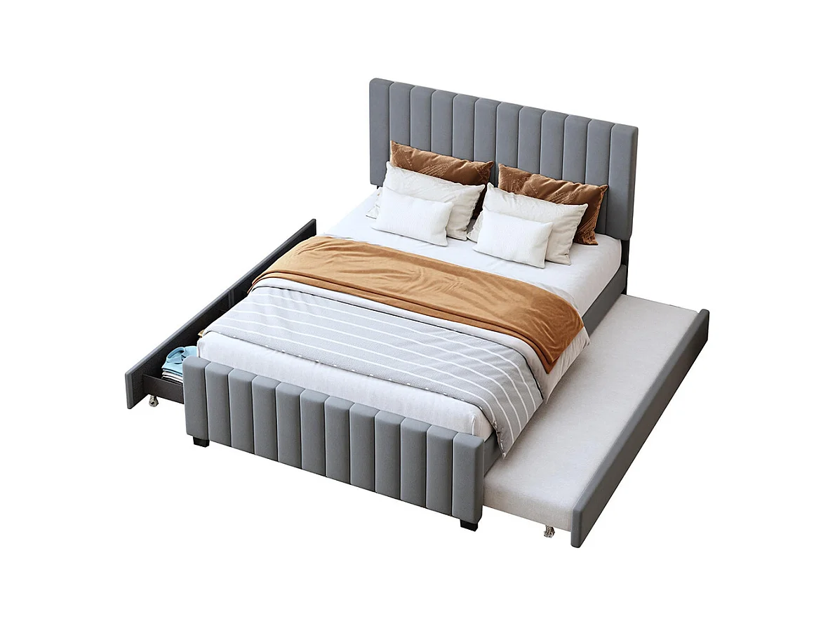 Lit gigogne rembourré 140x190 cm avec deux tiroirs velours doux pour enfant adolescent appoint gris sans matelas