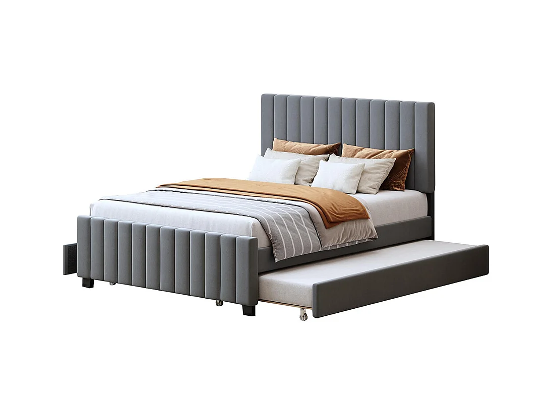 Lit gigogne rembourré 140x190 cm avec deux tiroirs velours doux pour enfant adolescent appoint gris sans matelas