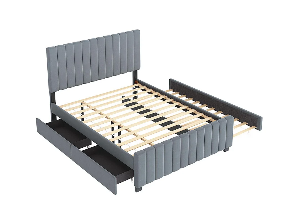 Lit gigogne rembourré 140x190 cm avec deux tiroirs velours doux pour enfant adolescent appoint gris sans matelas