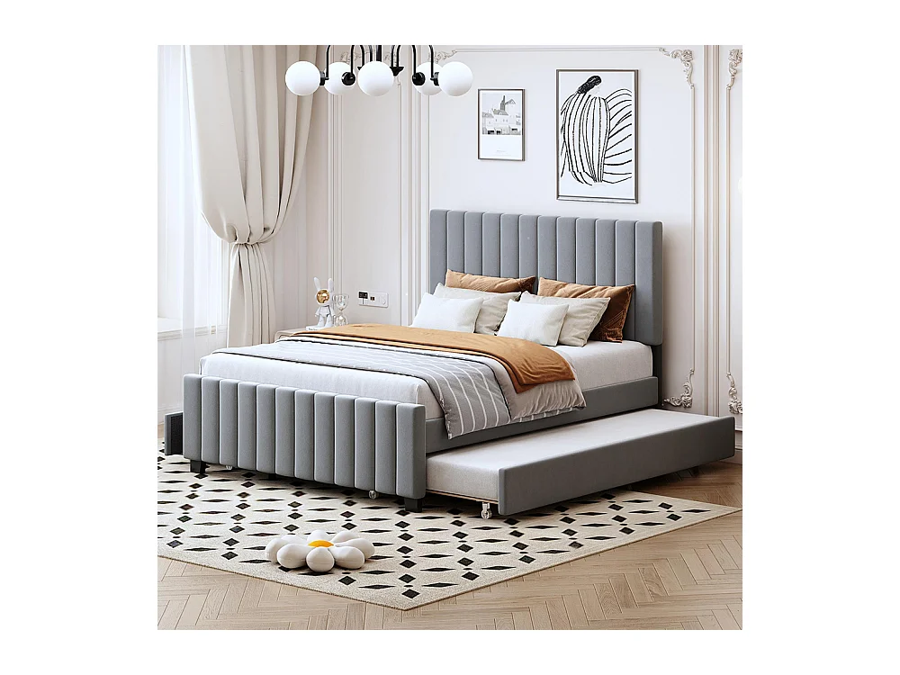 Lit gigogne rembourré 140x190 cm avec deux tiroirs velours doux pour enfant adolescent appoint gris sans matelas