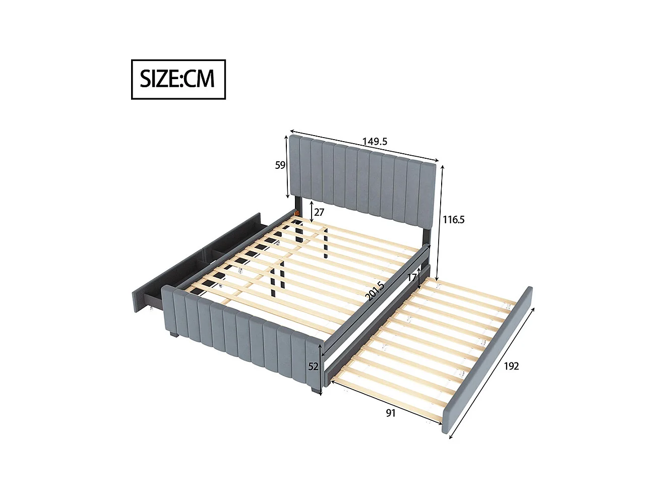 Lit gigogne rembourré 140x190 cm avec deux tiroirs velours doux pour enfant adolescent appoint gris sans matelas