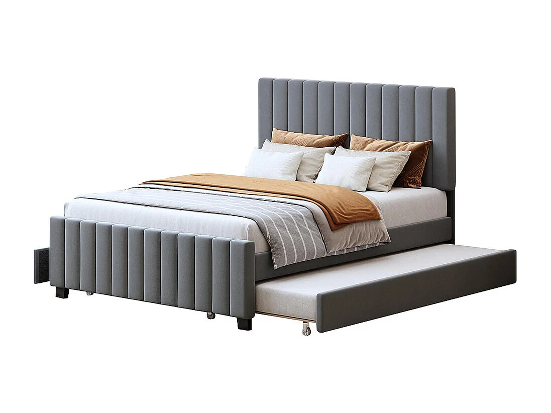 Lit gigogne rembourré 140x190 cm avec deux tiroirs velours doux pour enfant adolescent appoint gris sans matelas