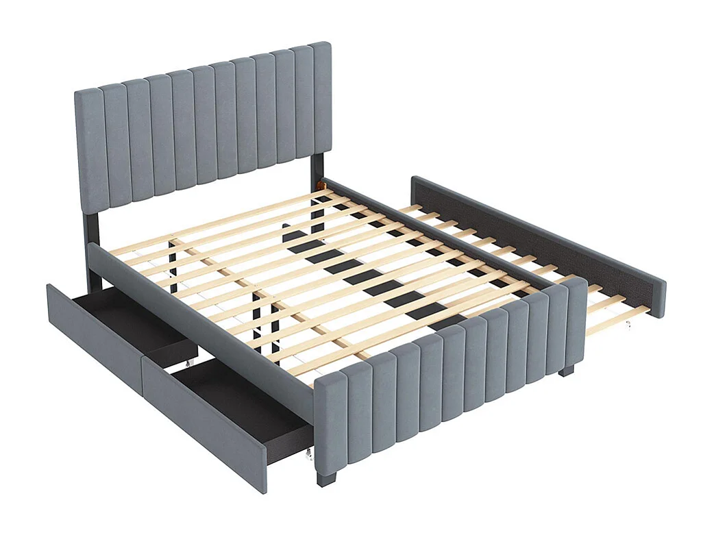 Lit gigogne rembourré 140x190 cm avec deux tiroirs velours doux pour enfant adolescent appoint gris sans matelas