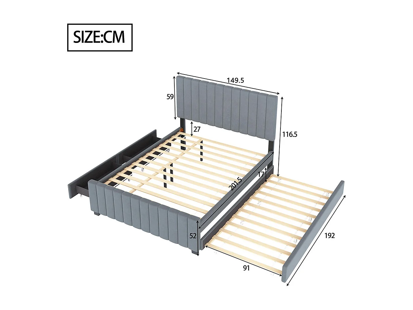 Lit gigogne rembourré 140x190 cm avec deux tiroirs velours doux pour enfant adolescent appoint gris sans matelas