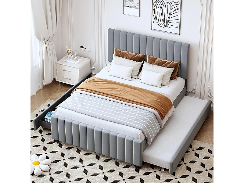 Lit gigogne rembourré 140x190 cm avec deux tiroirs velours doux pour enfant adolescent appoint gris sans matelas