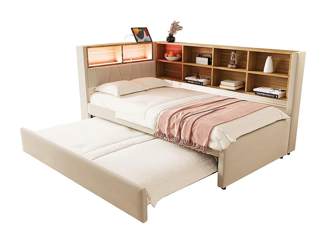 Lit gigogne 90x200 avec LED prises électriques rangement rembourré canapé-lit multifonctionnel flanelle beige