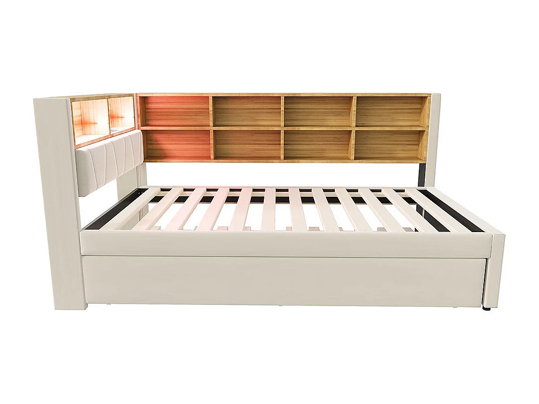 Lit gigogne 90x200 avec LED prises électriques rangement rembourré canapé-lit multifonctionnel flanelle beige