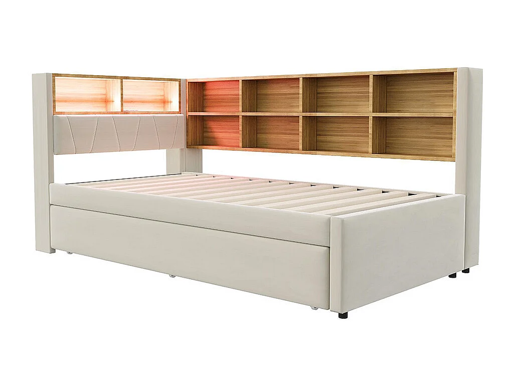 Lit gigogne 90x200 avec LED prises électriques rangement rembourré canapé-lit multifonctionnel flanelle beige