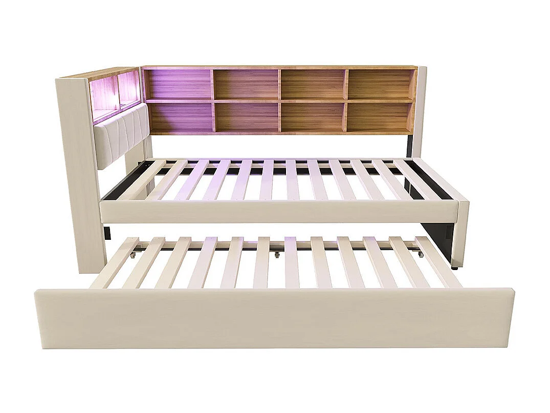 Lit gigogne 90x200 avec LED prises électriques rangement rembourré canapé-lit multifonctionnel flanelle beige