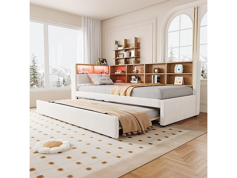 Lit gigogne 90x200 avec LED prises électriques rangement rembourré canapé-lit multifonctionnel flanelle beige