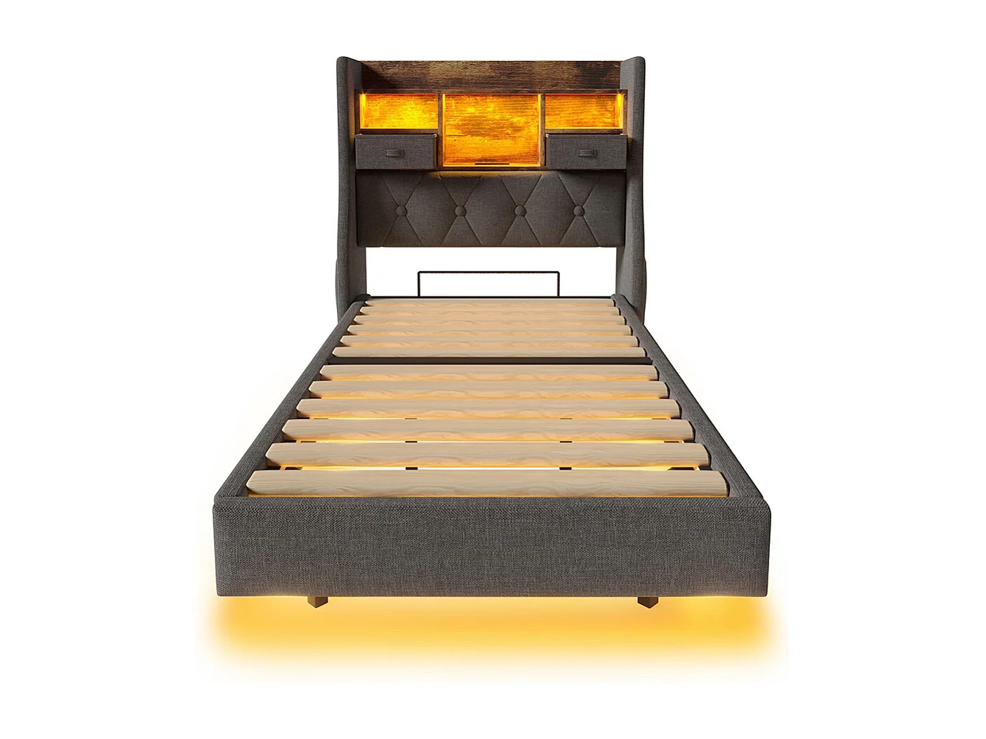 lit avec rangement rembourré 90x200 cm suspendu éclairage LED tête lit station recharge 1 Type-C 3 USB simple moderne tête lit avec rangement lin gris