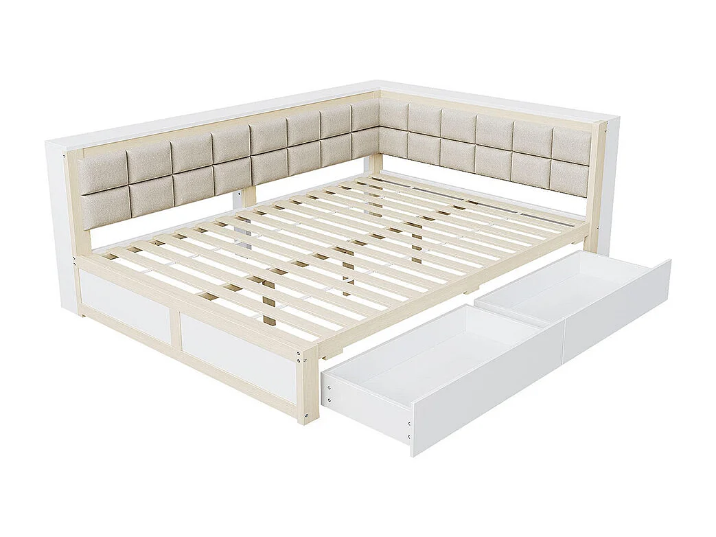 Lit avec rangement en bois de pin 140x200 multifonctionnel dossier moelleux grand tiroir pour adolescent couleur bois