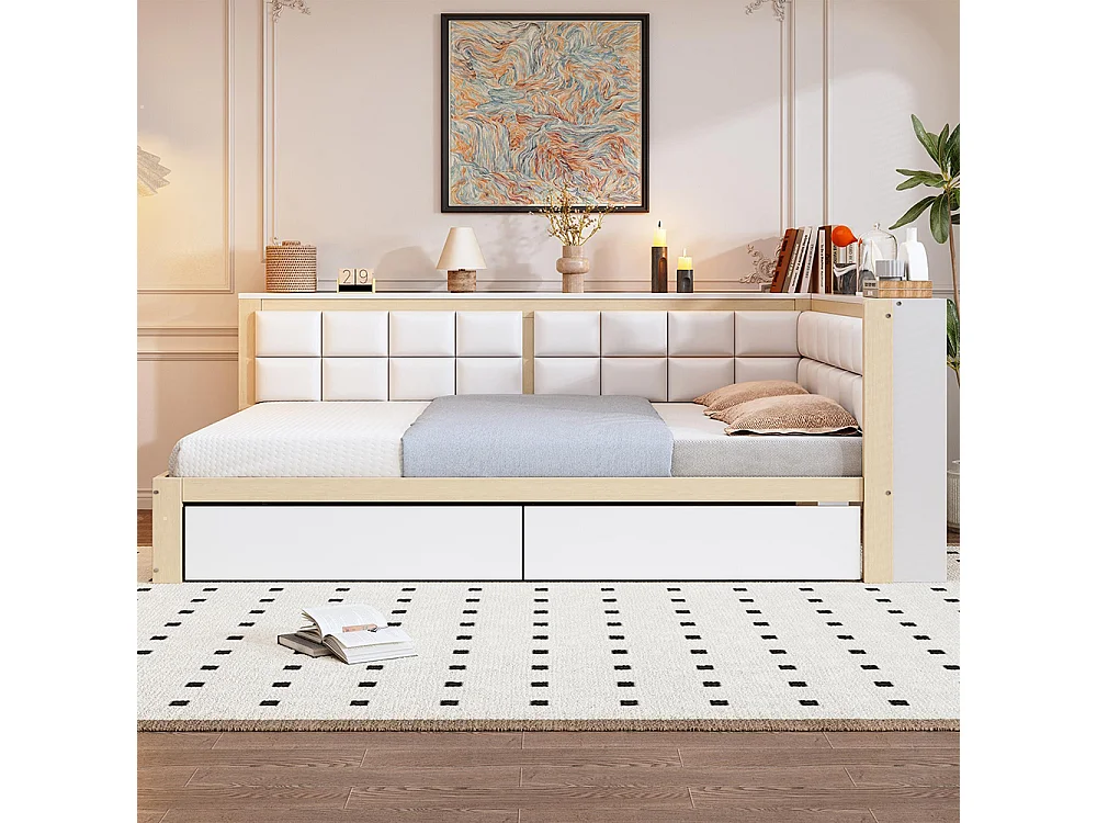 Lit avec rangement en bois de pin 140x200 multifonctionnel dossier moelleux grand tiroir pour adolescent couleur bois