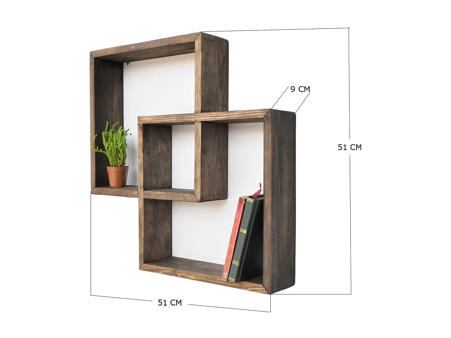 Étagère murale – 51 cm x 51 cm x 9 cm – Noyer – Bois de sapin