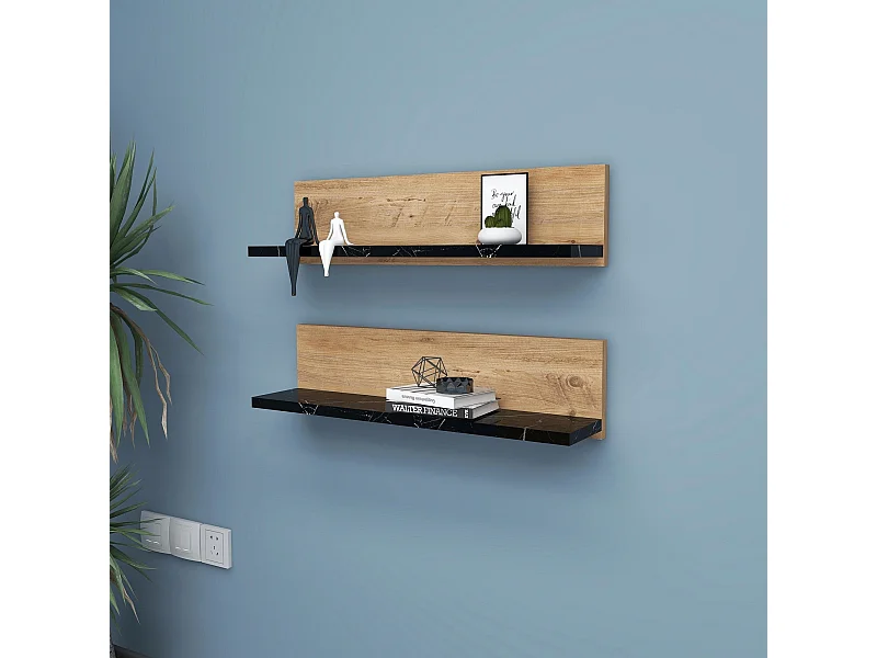 Estante de pared – 60 x 15 x 13 cm – Pino Atlántico y Negro – Tablero de partículas recubierto de melamina