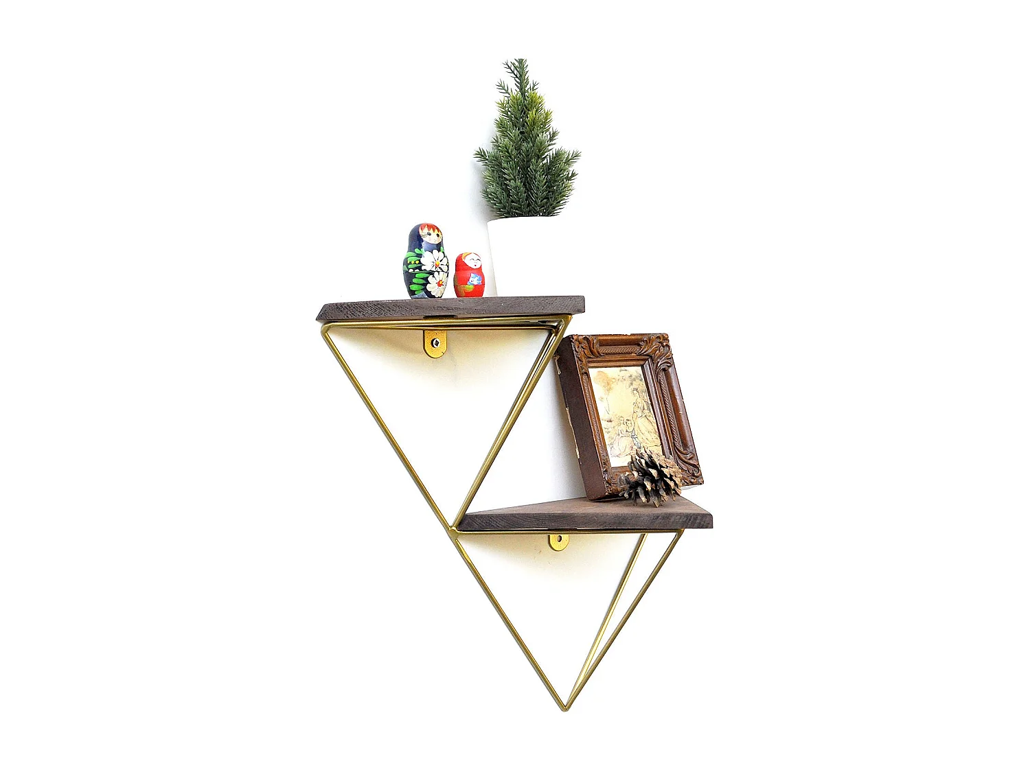 Houten wandplank – 30 cm x 33 cm x 13 cm – Walnoot en goud – Massief hout