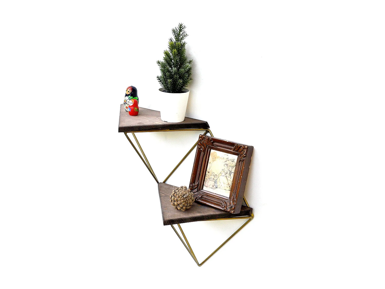 Houten wandplank – 30 cm x 33 cm x 13 cm – Walnoot en goud – Massief hout