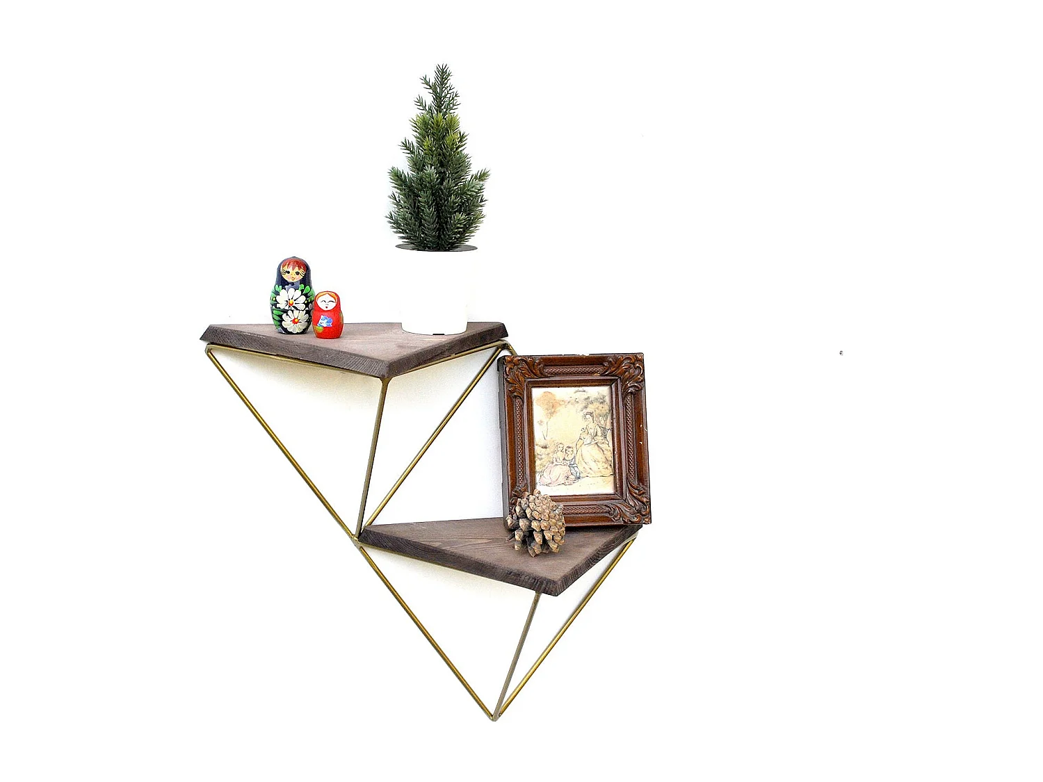 Houten wandplank – 30 cm x 33 cm x 13 cm – Walnoot en goud – Massief hout