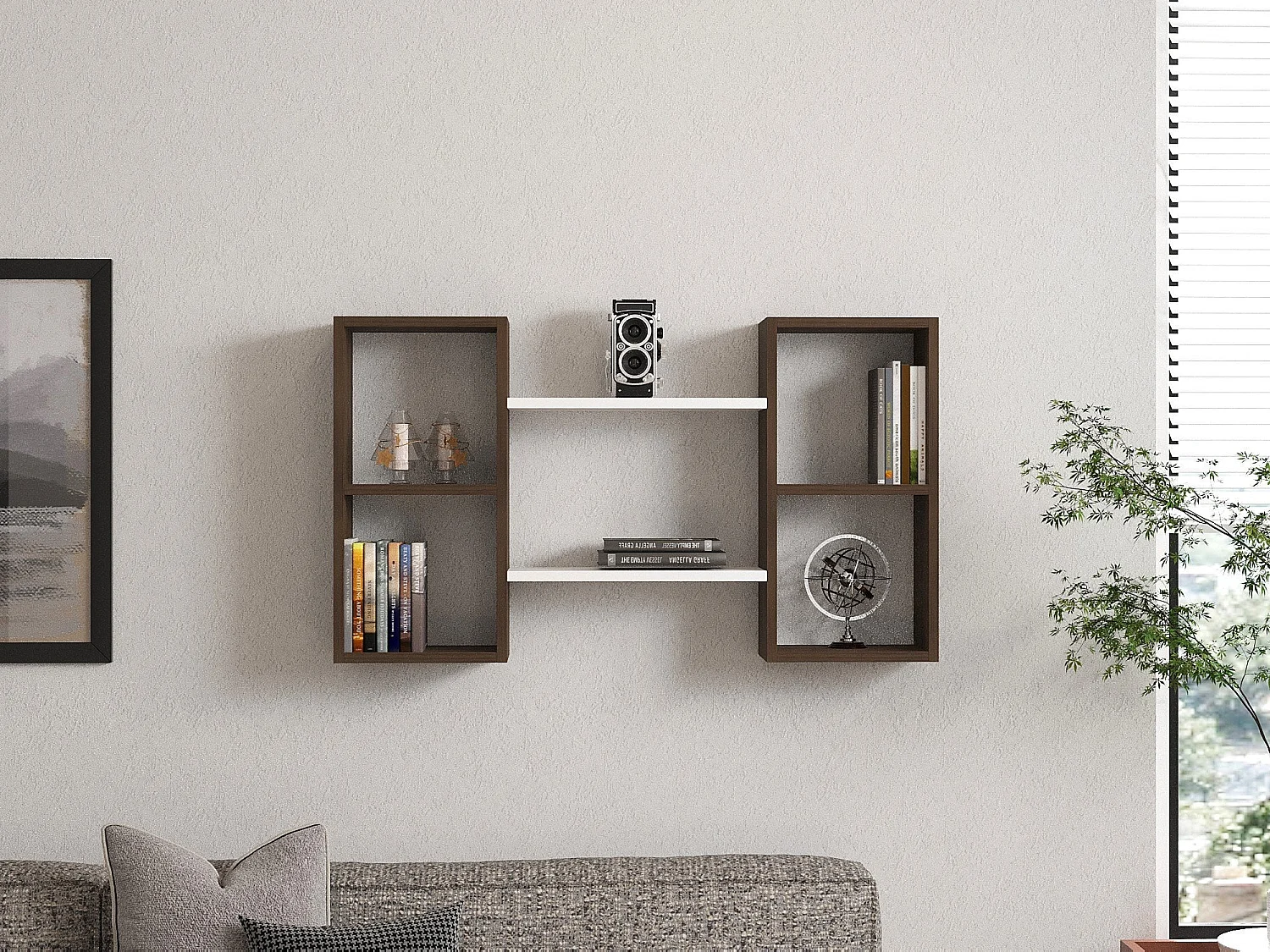 Étagère murale – 105 cm x 60 cm x 20 cm – Blanc et Noyer – Panneau de particules mélaminé