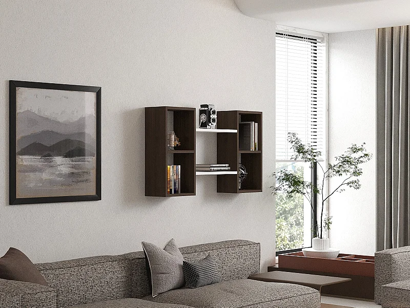 Estante de pared – 105 cm x 60 cm x 20 cm – Blanco y nogal – Tablero de partículas recubierto de melamina