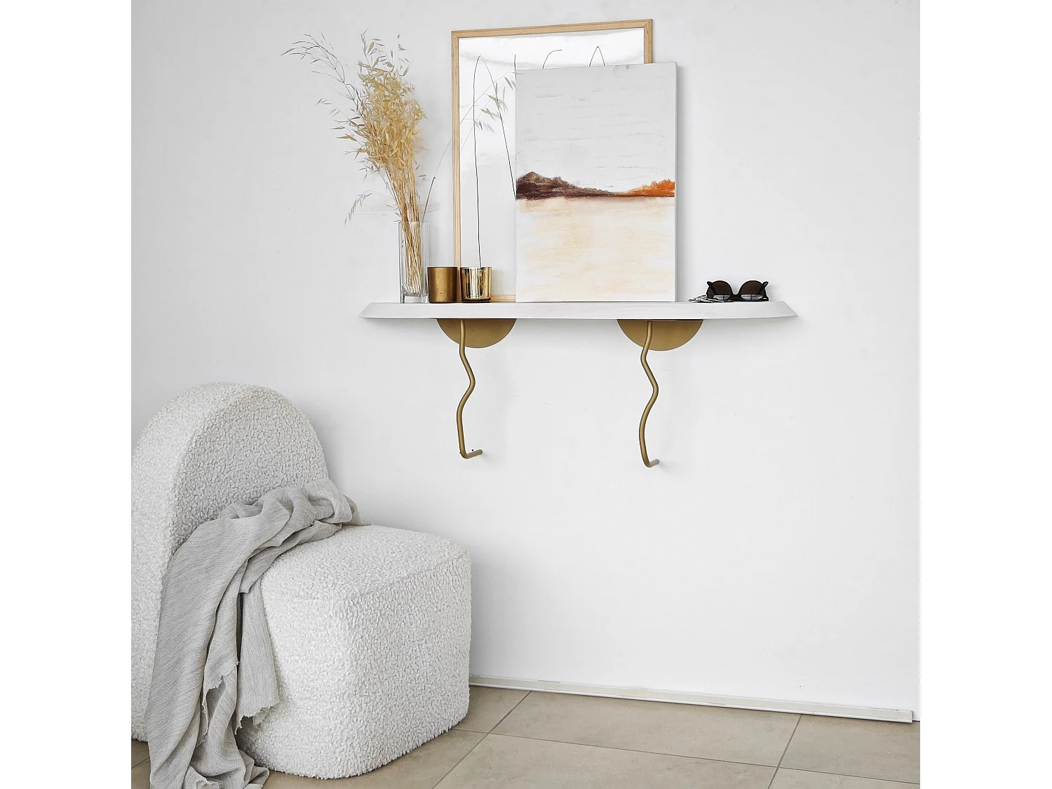 Étagère murale élégante, 99 cm x 22 cm, 100 % pin et structure en métal, finition or et blanc | Solution de rangement