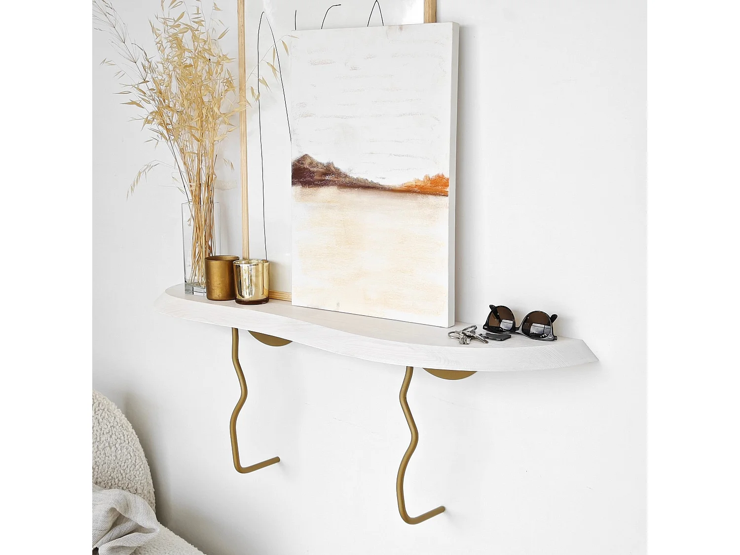 Étagère murale élégante, 99 cm x 22 cm, 100 % pin et structure en métal, finition or et blanc | Solution de rangement